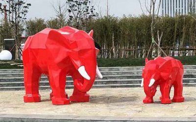 公園景區(qū)大象玻璃鋼彩繪紅色幾何大象雕塑